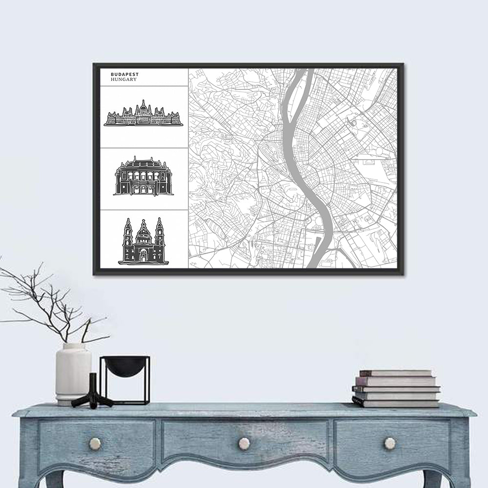 Budapest Map with Landmark Silhouettes Wall Art in a room, landscape
