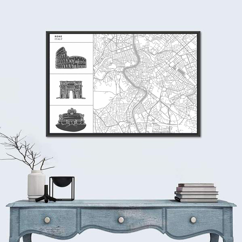 Rome Map with Landmark Sketches Wall Art