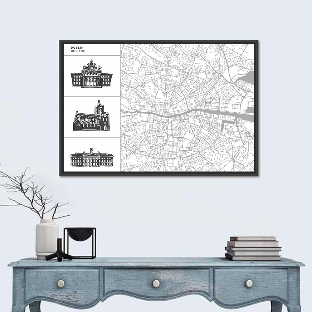 Dublin Map with Architectural Silhouettes Wall Art