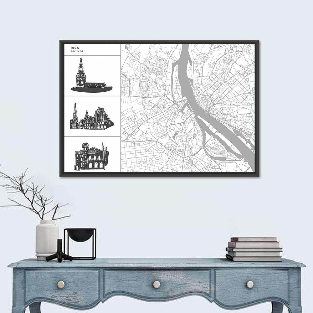 Riga Map with Cathedral Silhouettes Wall Art