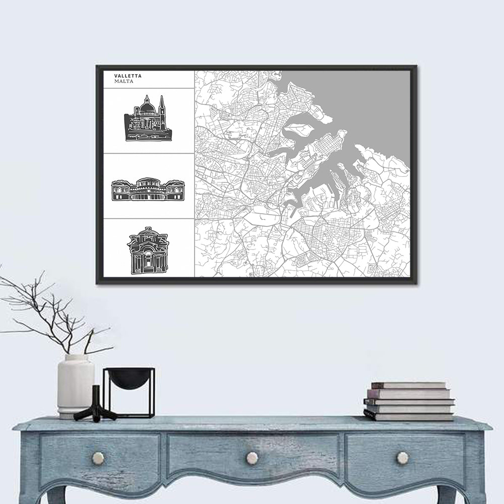 Valletta Street Map with Landmarks Wall Art