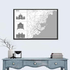 Monaco Map with Architectural Icons Wall Art