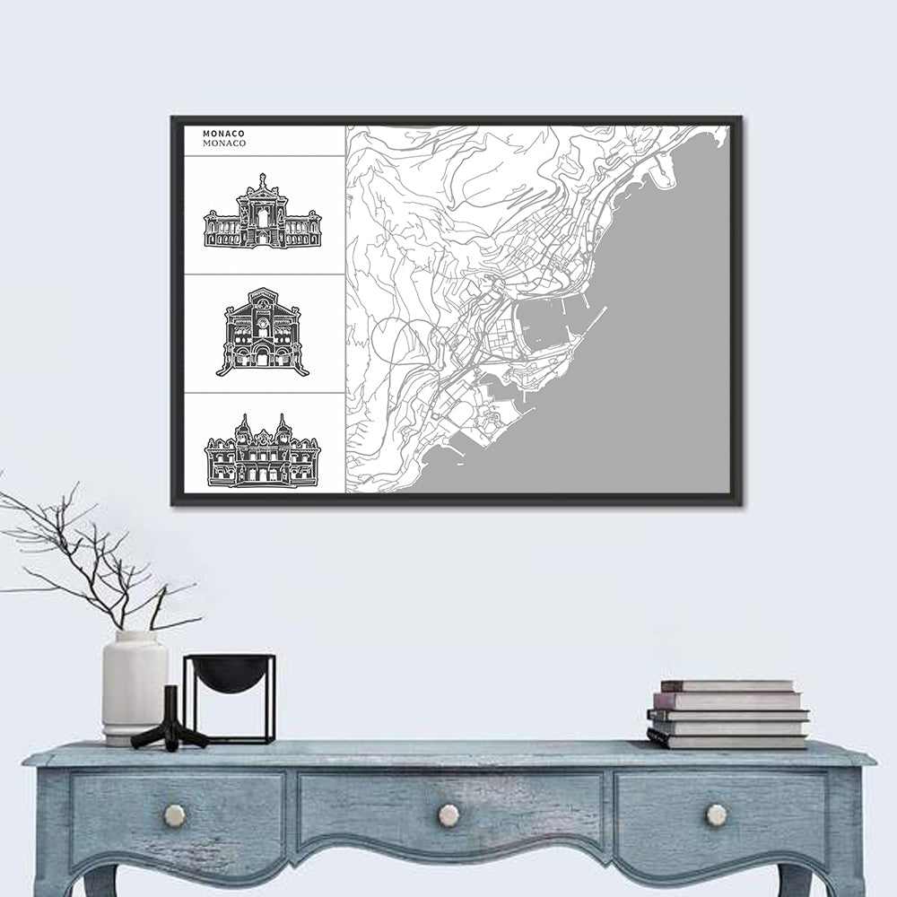 Monaco Map with Architectural Icons Wall Art