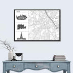 Warsaw Map with Skyline Silhouettes Wall Art