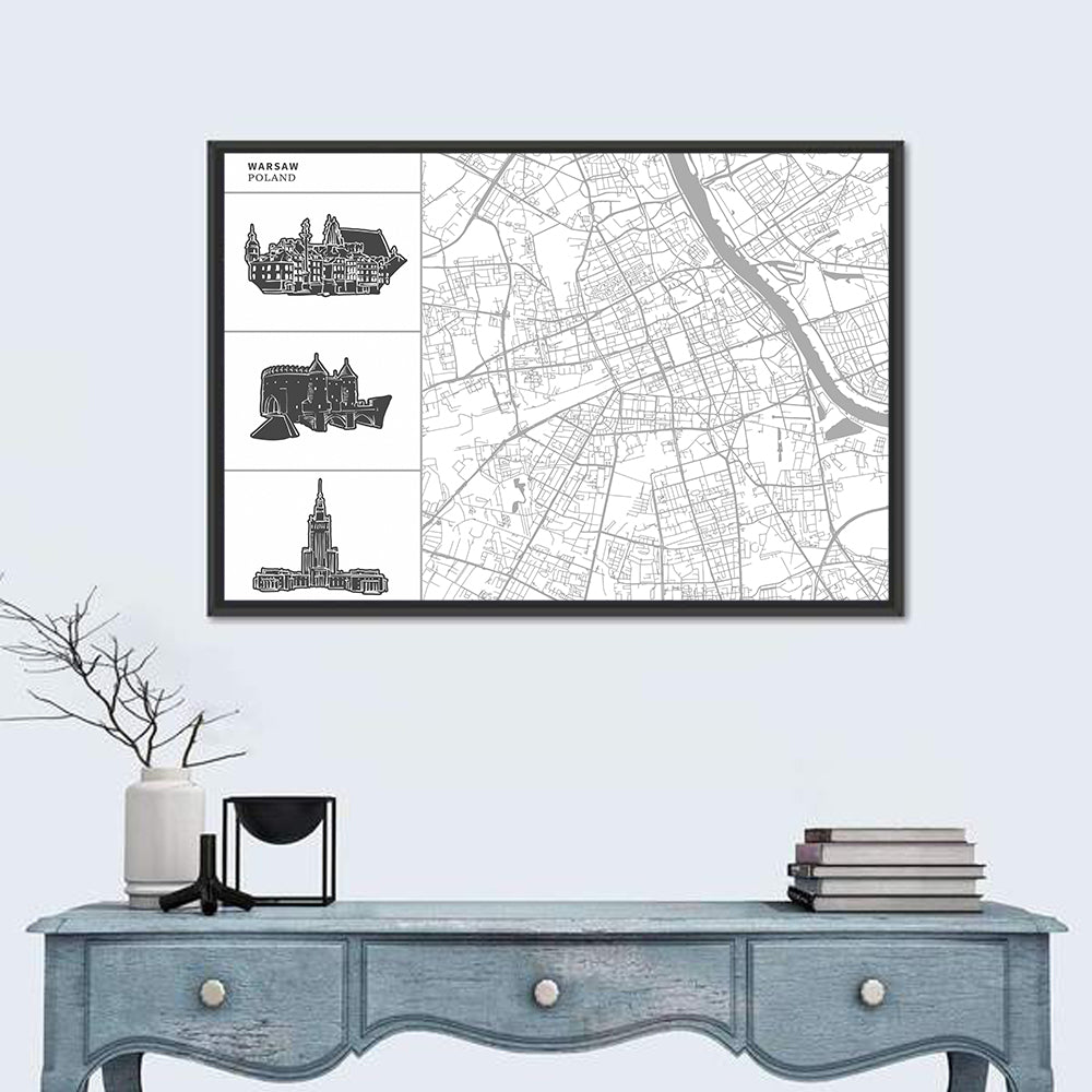 Warsaw Map with Skyline Silhouettes Wall Art