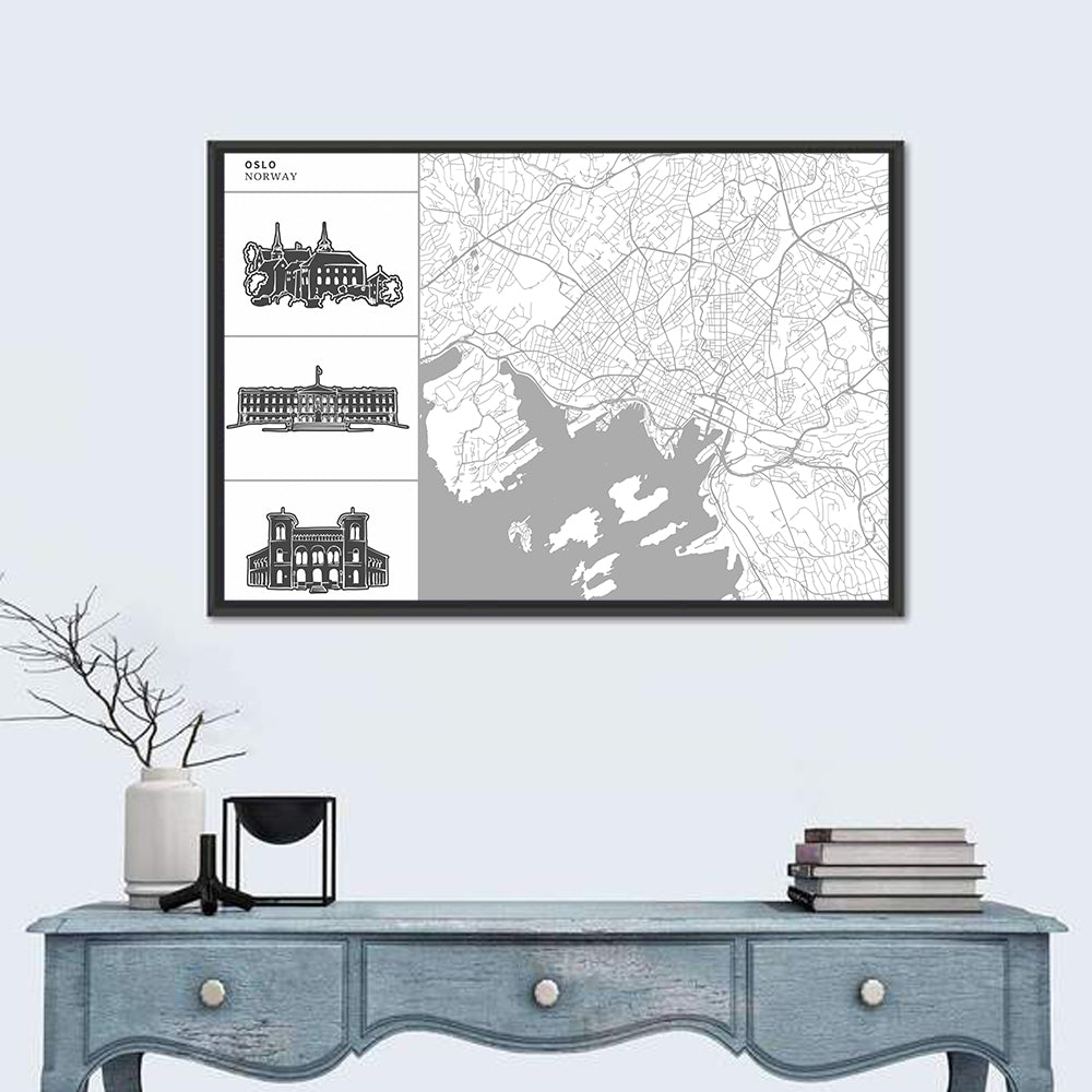 Oslo Map with Harbor Illustrations Wall Art in a room, landscape