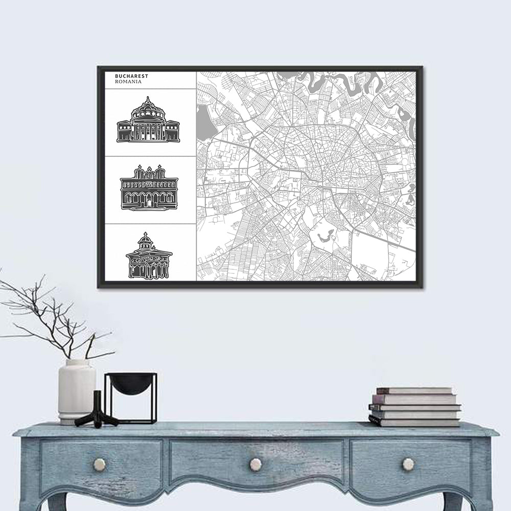 Bucharest City Map with Architectural Sidebar Wall Art