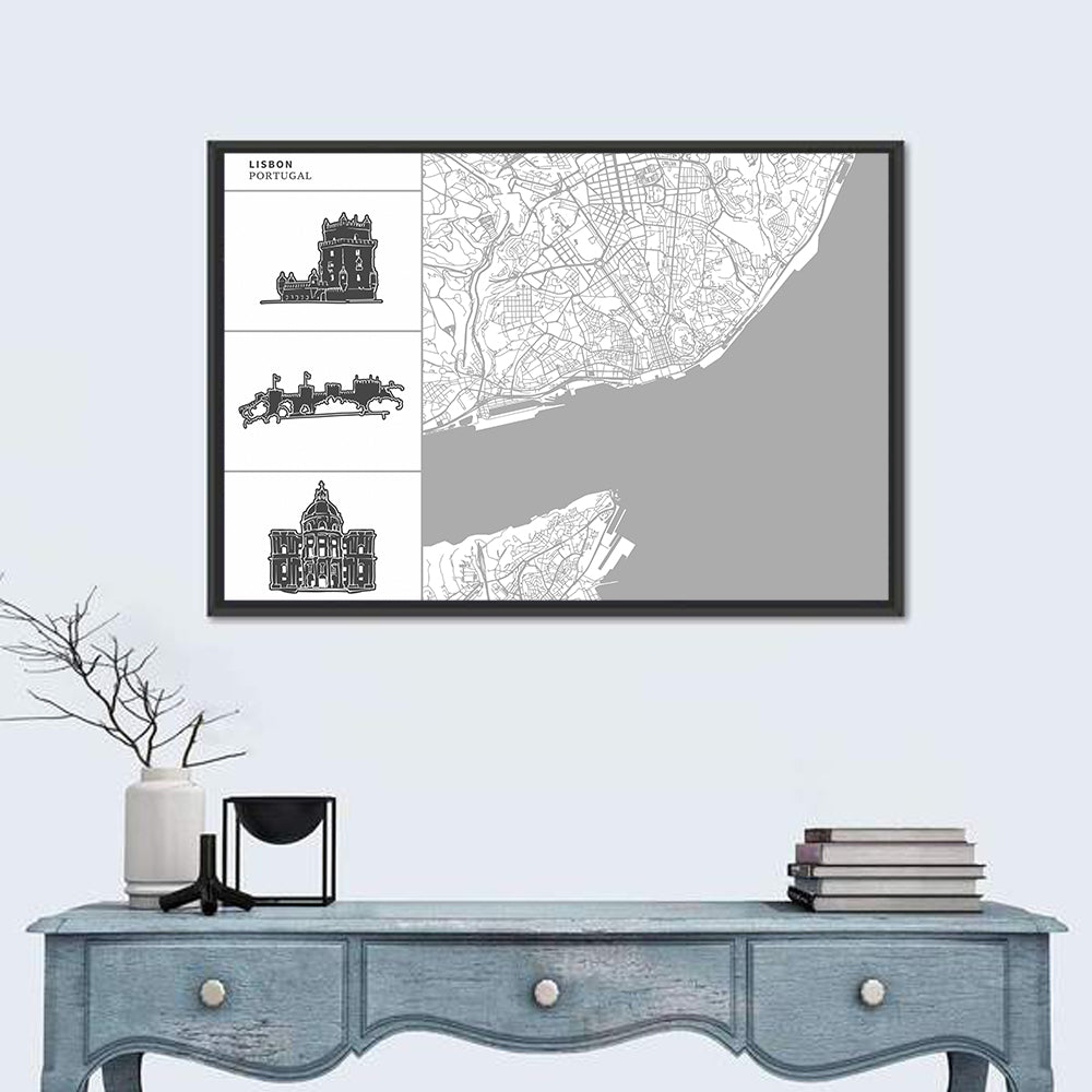 Lisbon Map with Architectural Icons Wall Art in a room, landscape