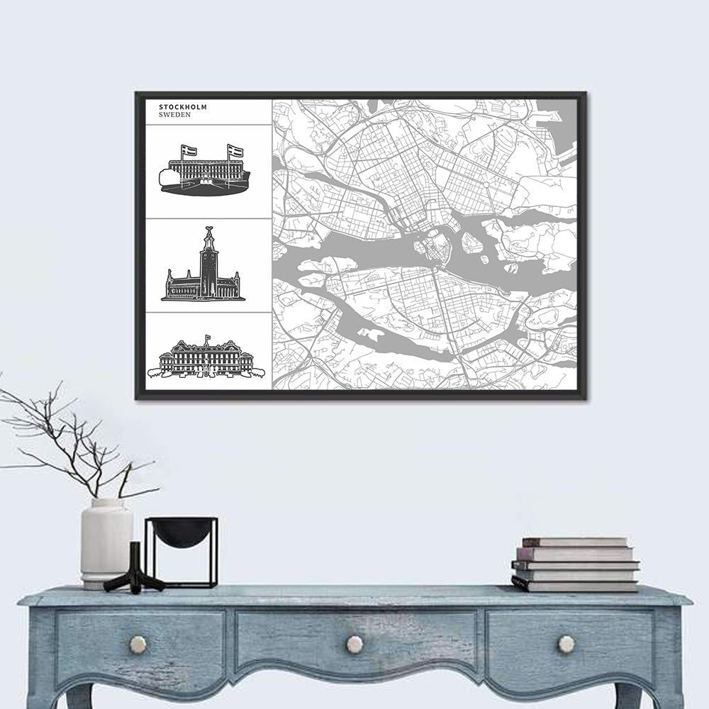 Stockholm Map with Architectural Illustrations Wall Art in a room, landscape