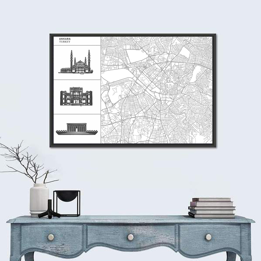 Ankara Map with Anıtkabir Silhouette Wall Art in a room, landscape
