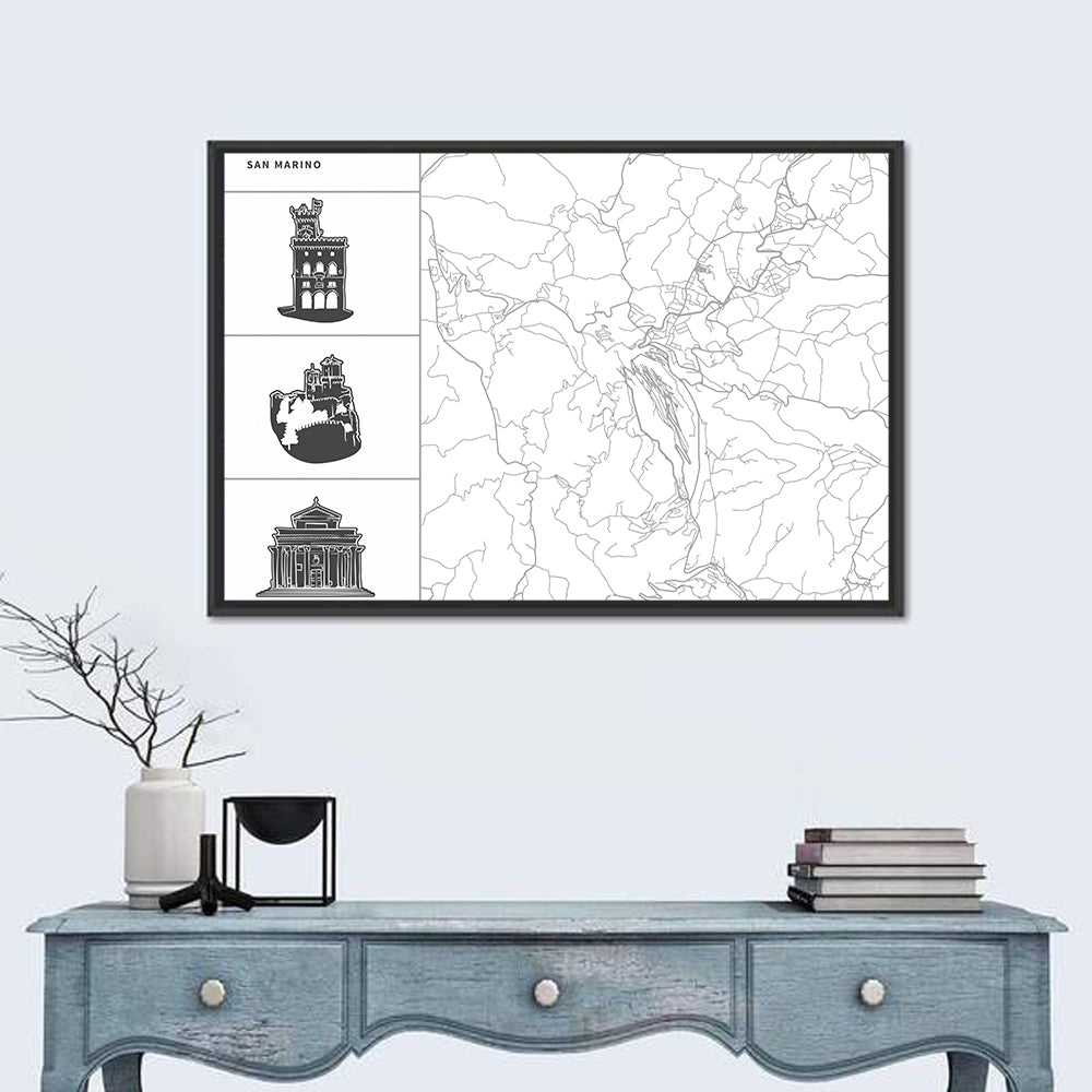 San Marino Map with Three Towers Wall Art in a room, landscape