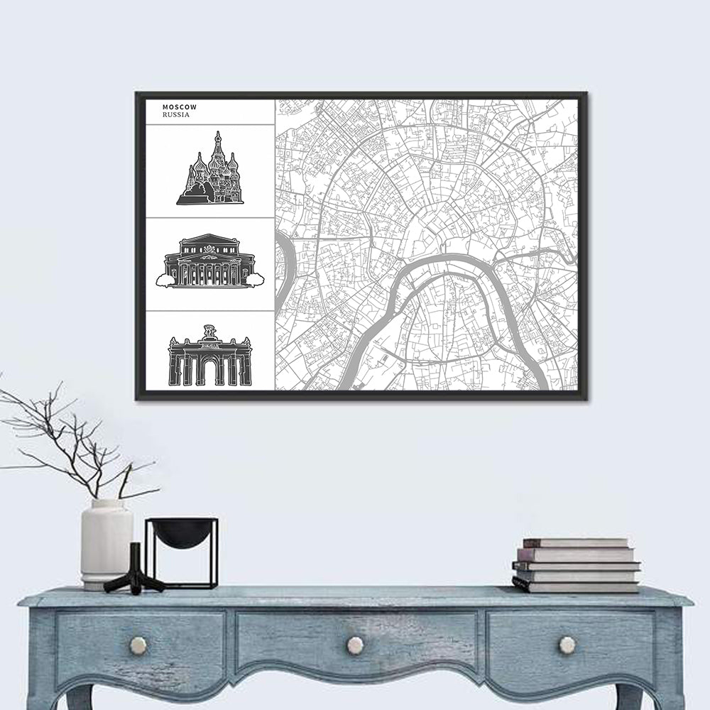 Moscow Map with Landmark Silhouettes Wall Art in a room, landscape