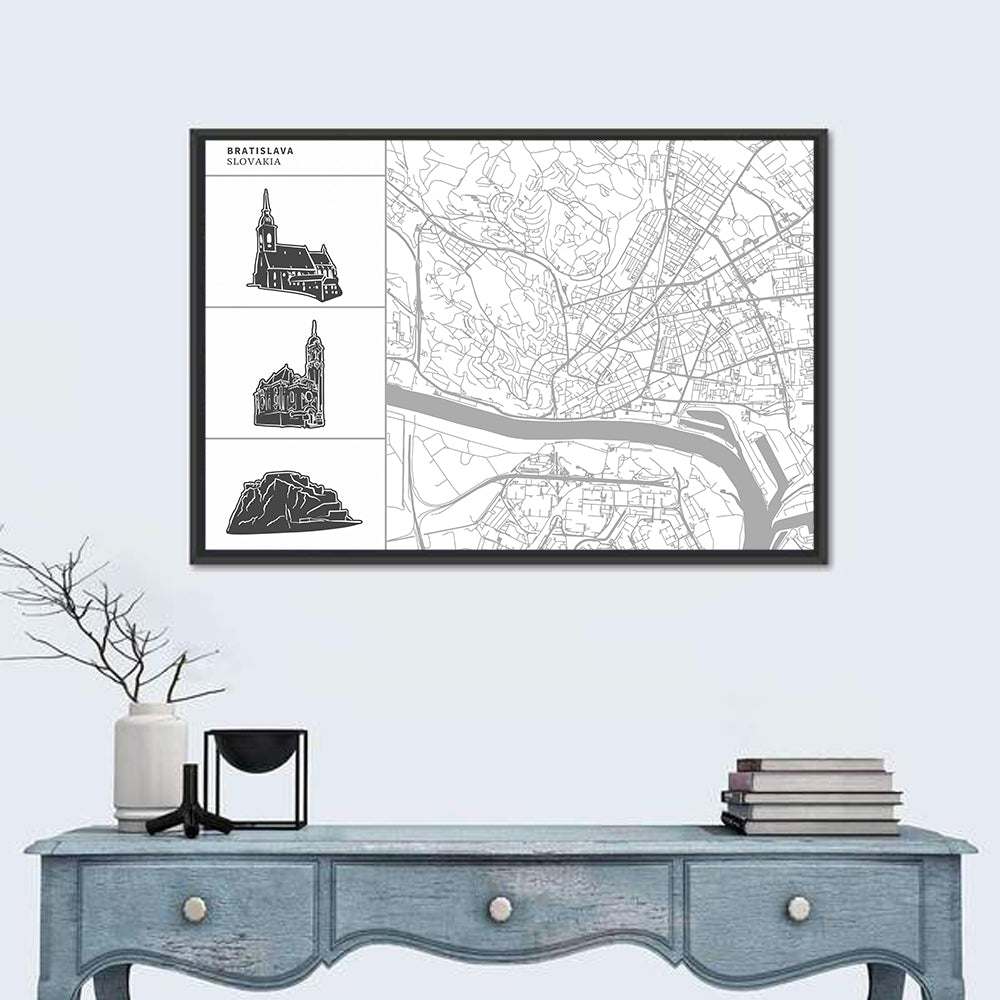 Bratislava Map with Castle and Cathedral Silhouettes Wall Art