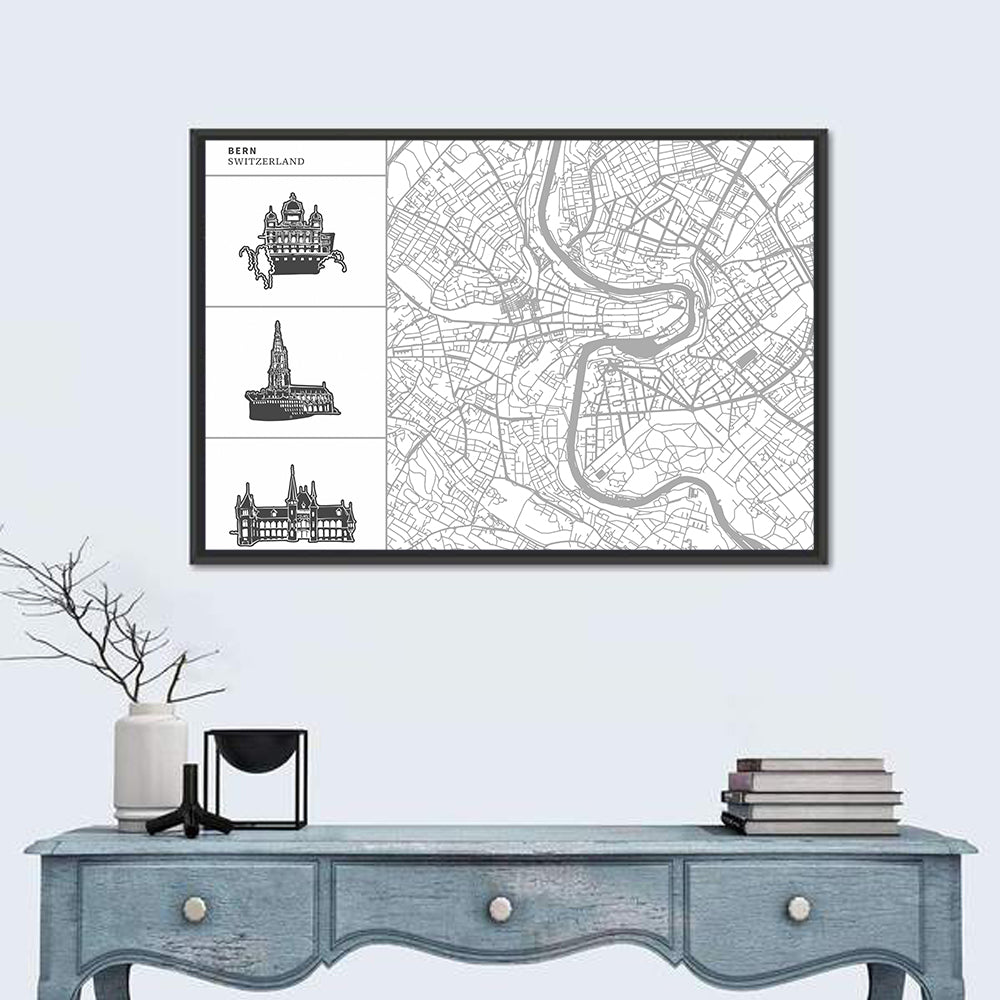 Bern Map and Skyline Wall Art