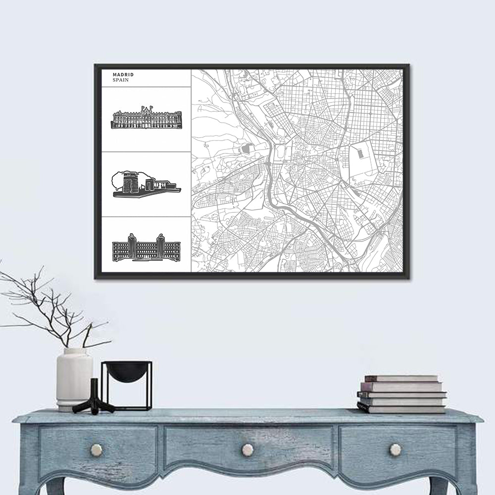 Madrid Map with Architectural Sidebar Wall Art in a room, landscape