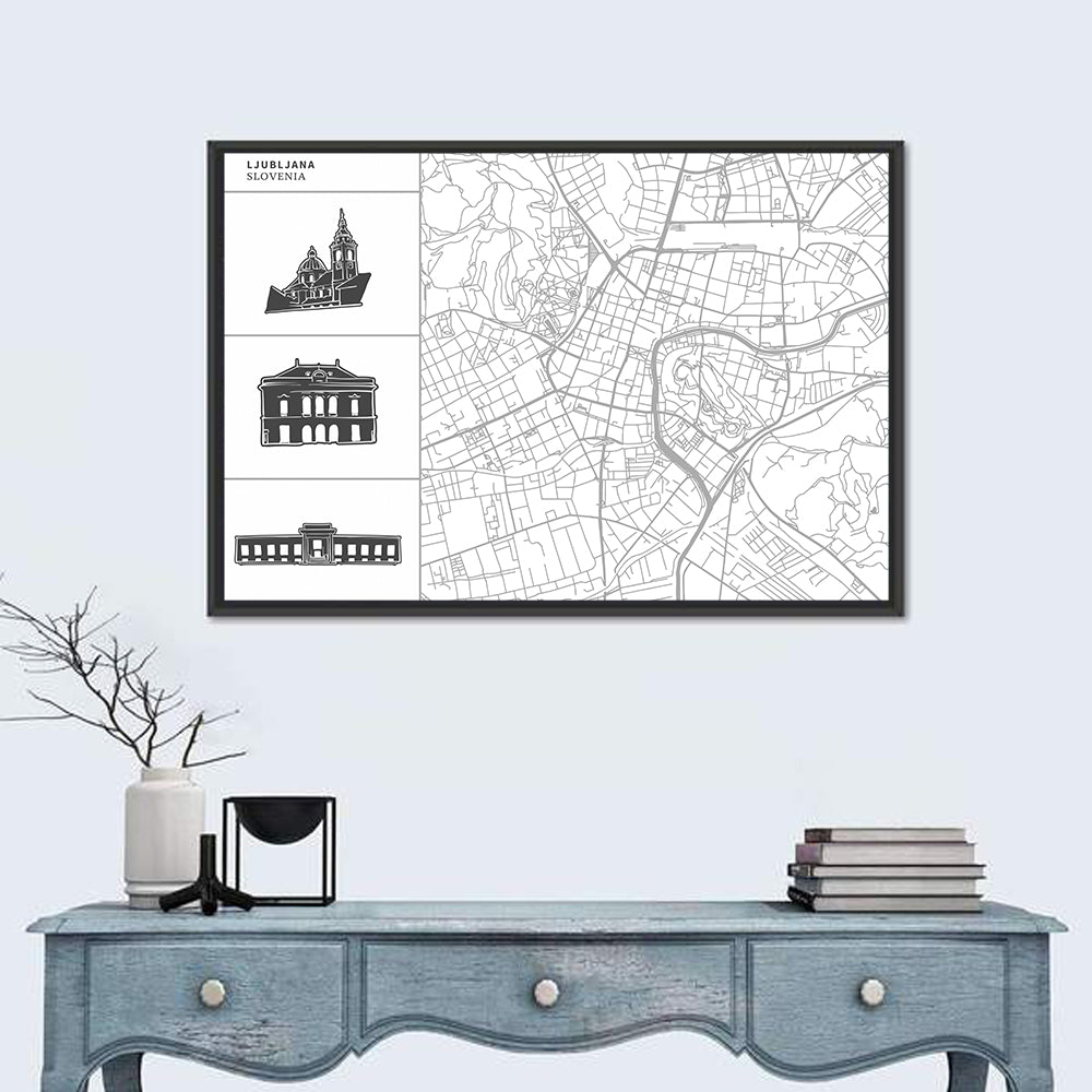 Ljubljana Map with Cathedral Silhouettes Wall Art