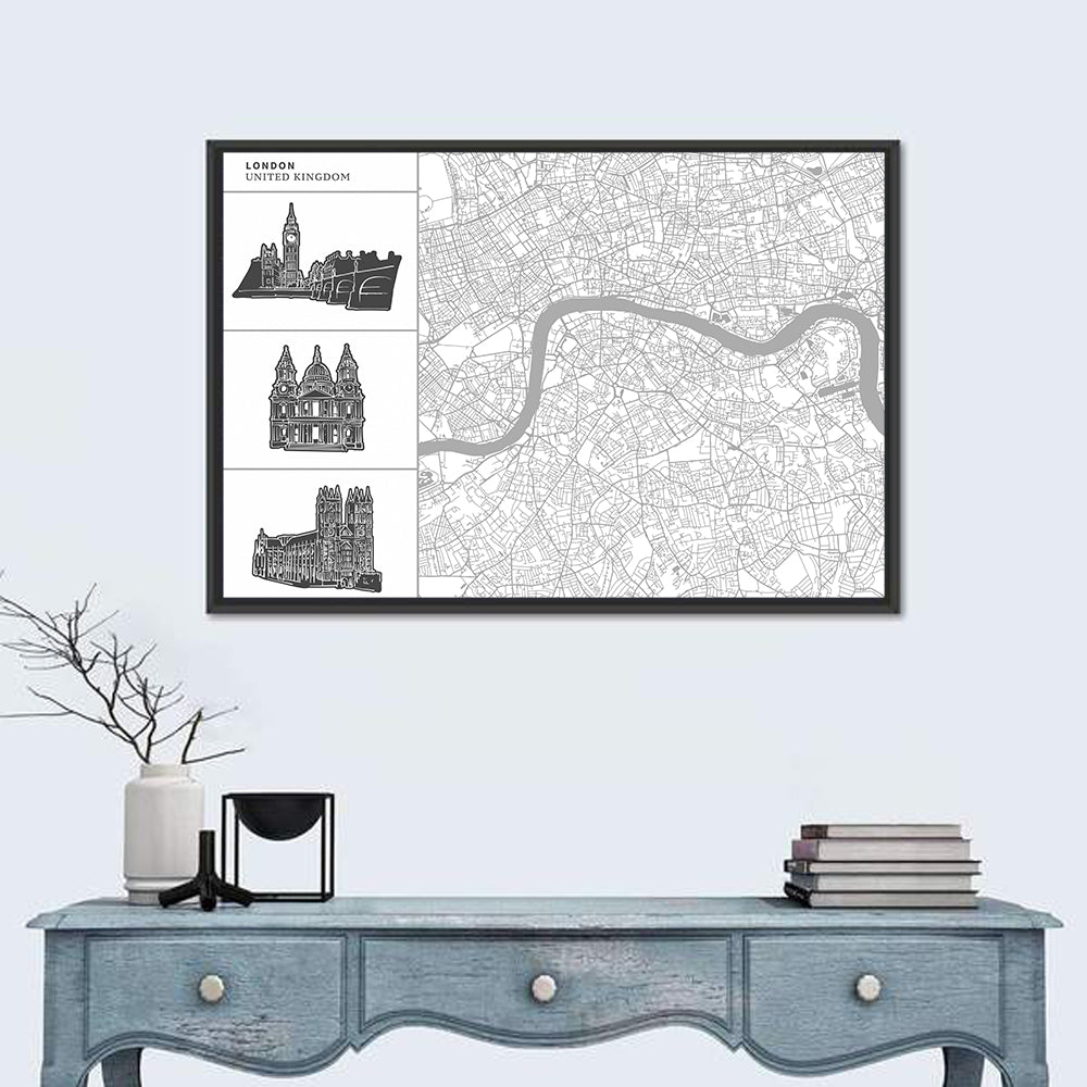 London Map with Landmark Silhouettes Wall Art in a room, landscape