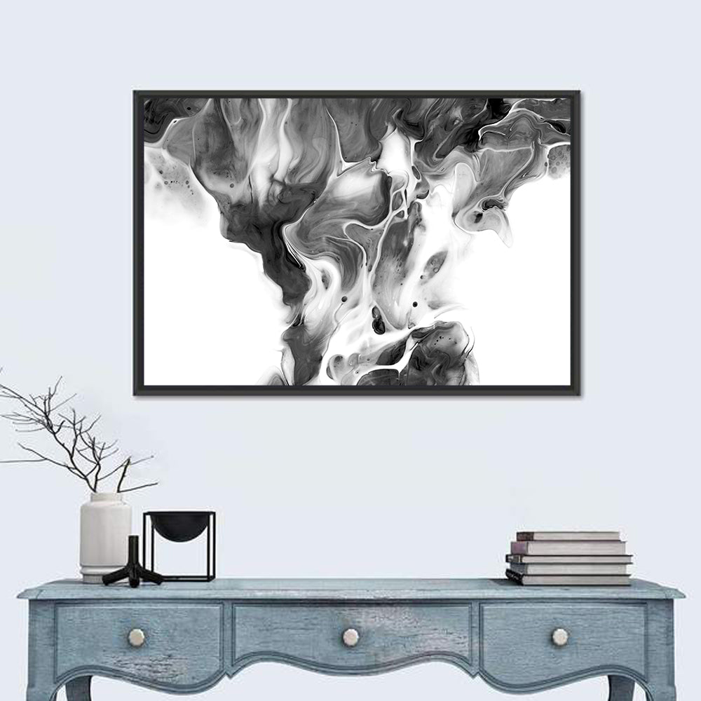 Monochrome Ink Swirl Wall Art in a room, landscape