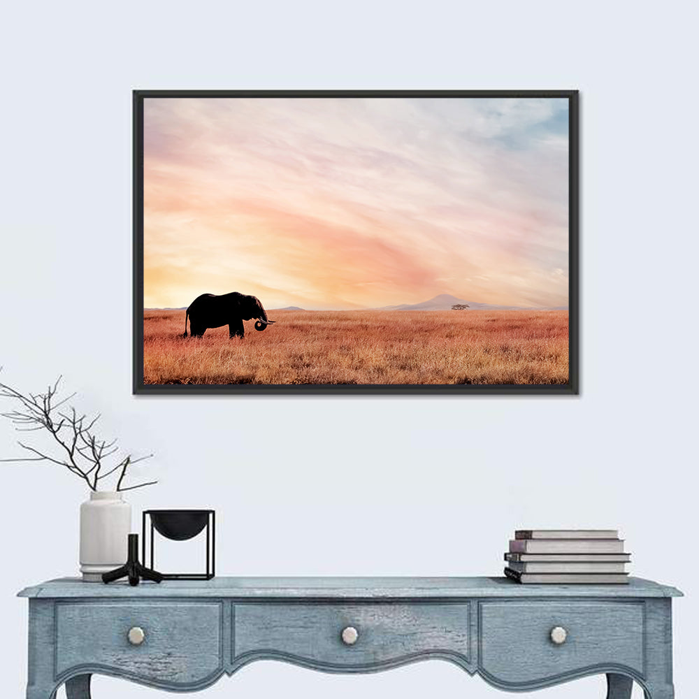 Savannah Elephant at Sunset Wall Art in a room, landscape