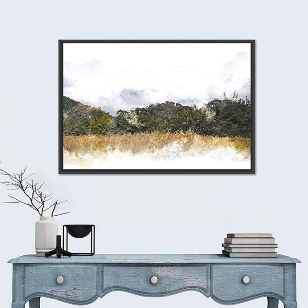 Golden Field Watercolor Illustration Wall Art in a room, landscape
