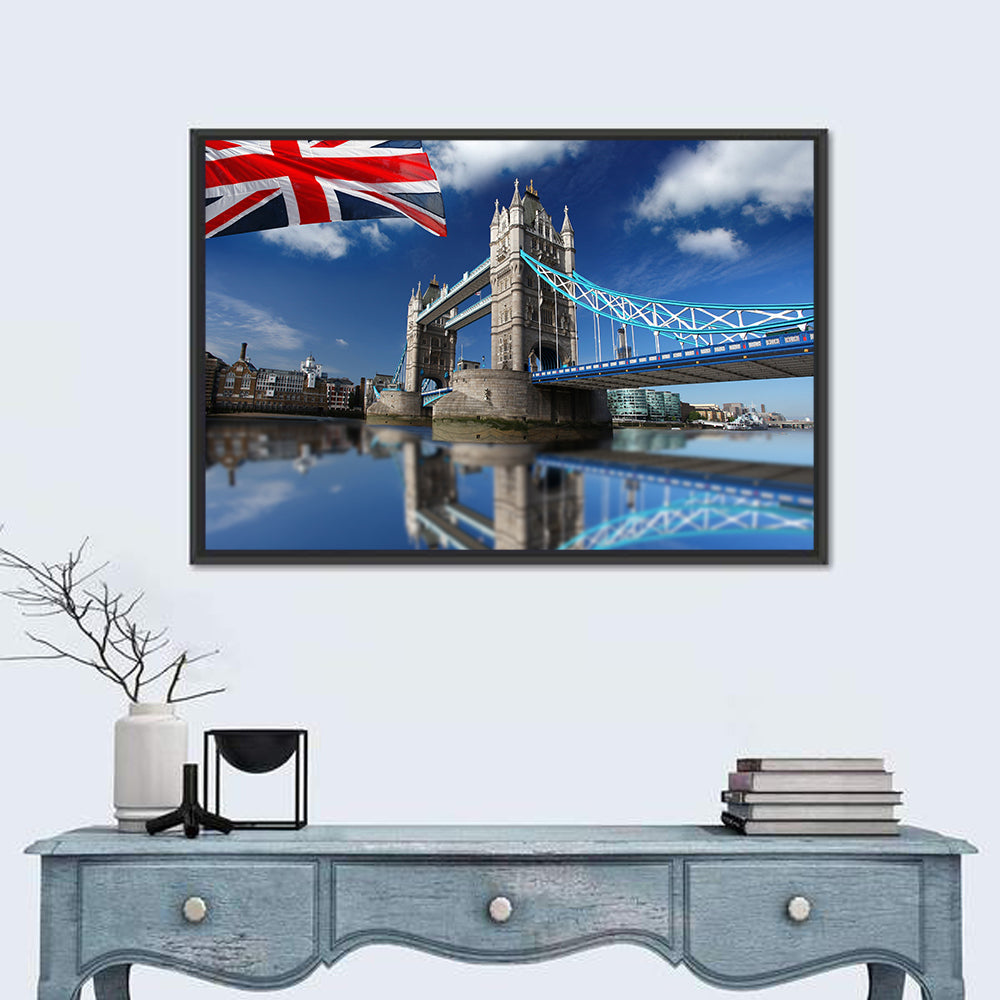 Tower Bridge with Union Jack Wall Art in a room, landscape