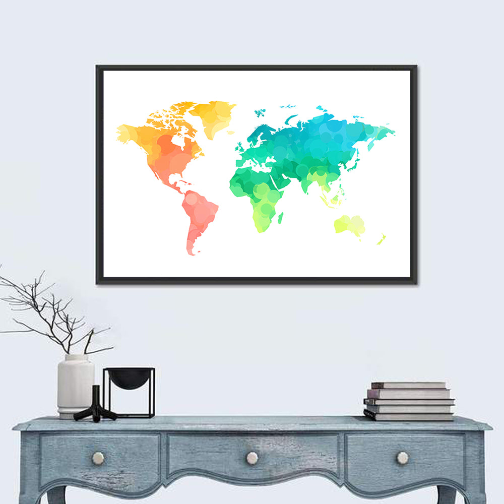 Polka Dot World Map Pattern Wall Art in a room, landscape