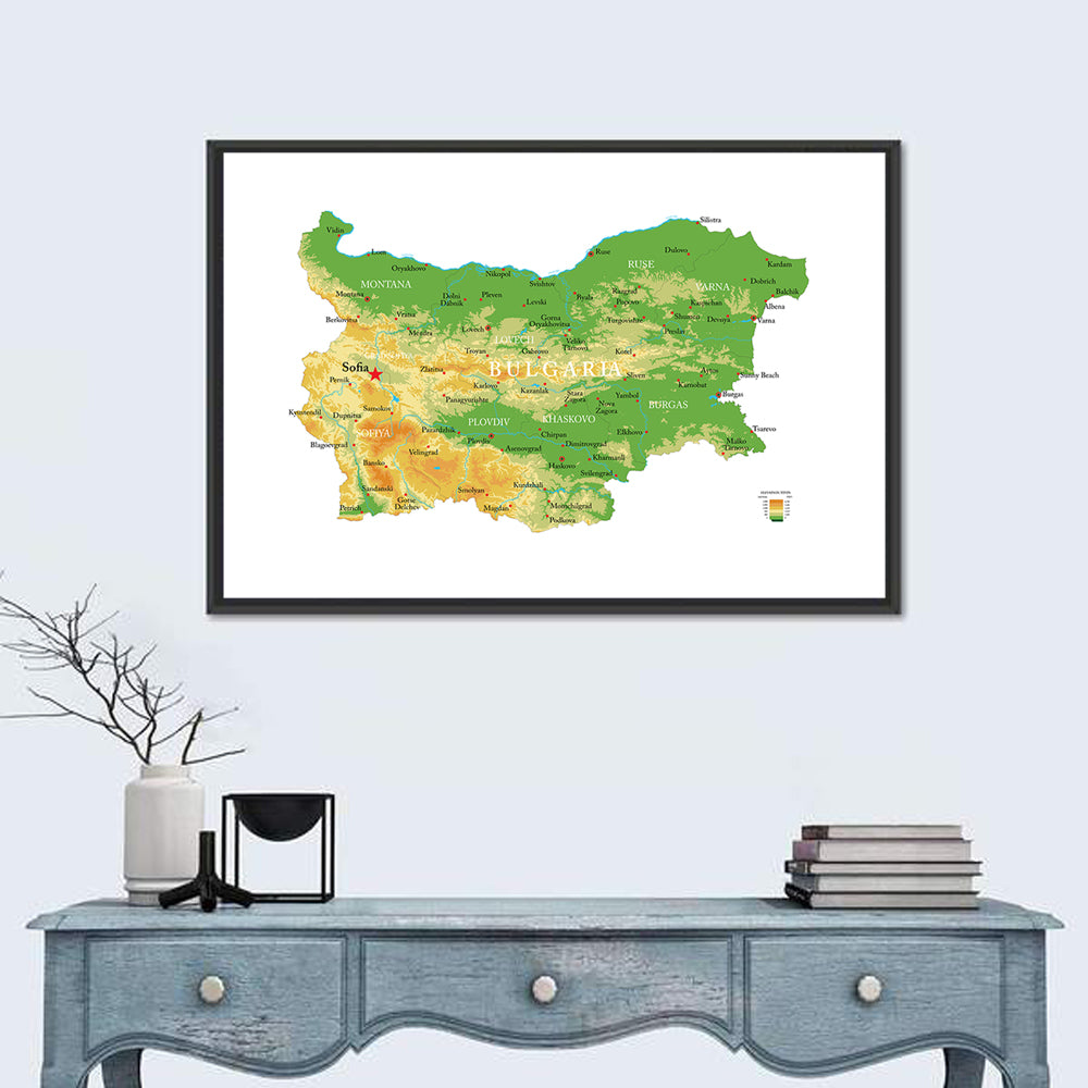 Bulgaria Topographic Map Wall Art in a room, landscape