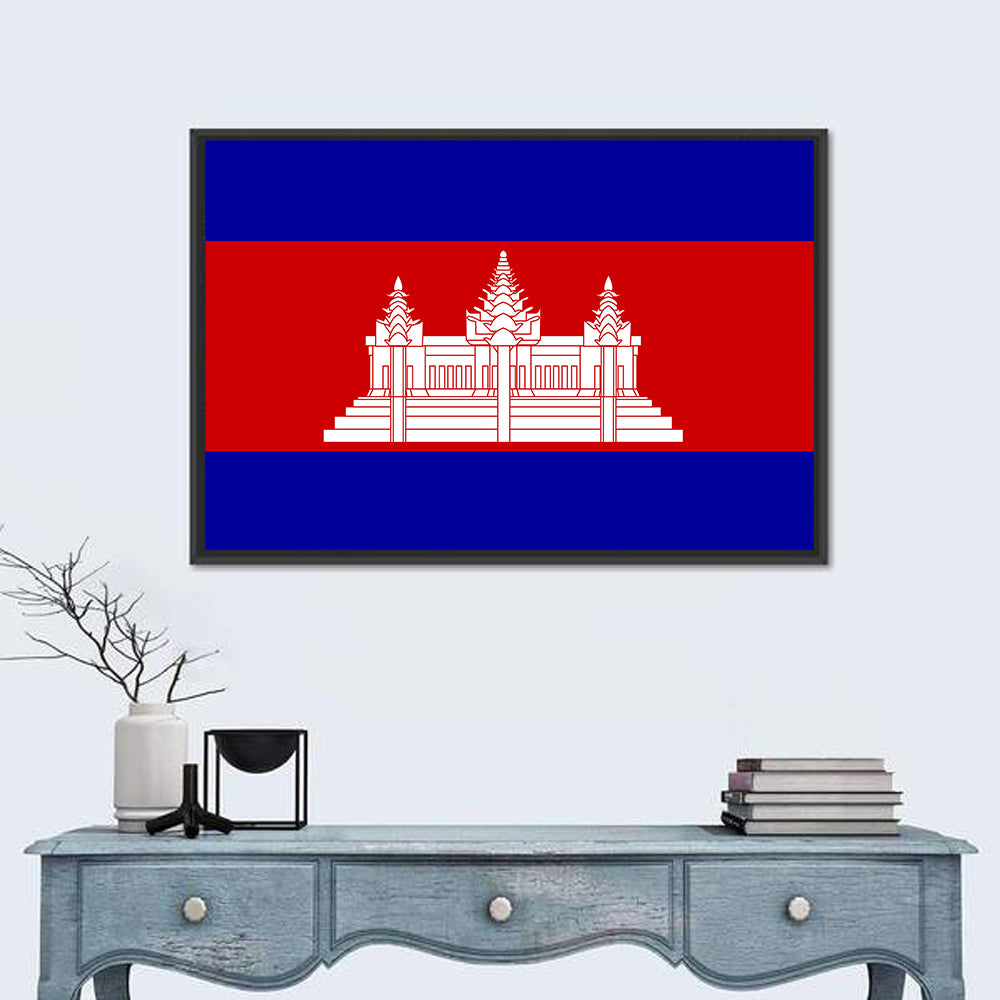 Cambodia Flag with Angkor Wat Emblem Wall Art in a room, landscape