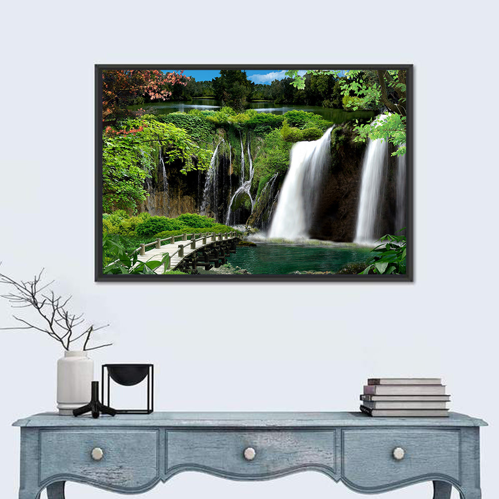 Wooden Bridge and Forest Waterfall Wall Art