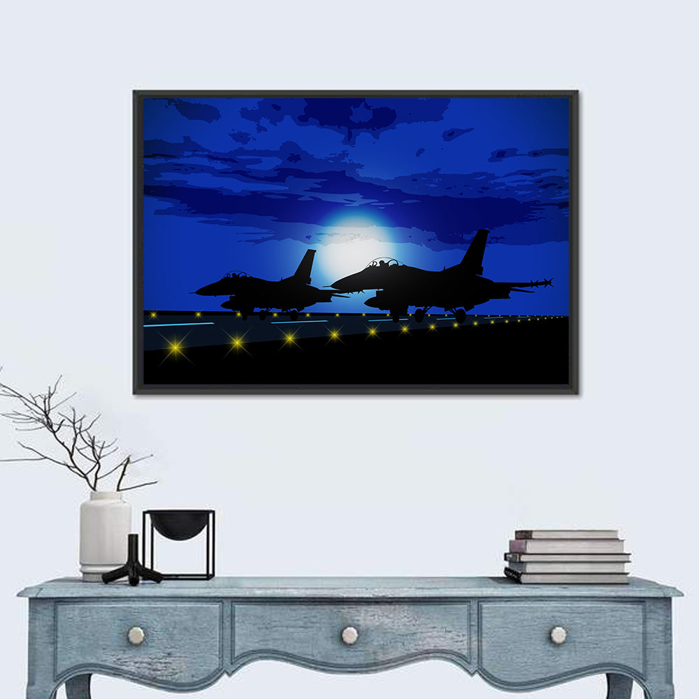 Moonlit Fighter Jets on Runway Wall Art in a room, landscape