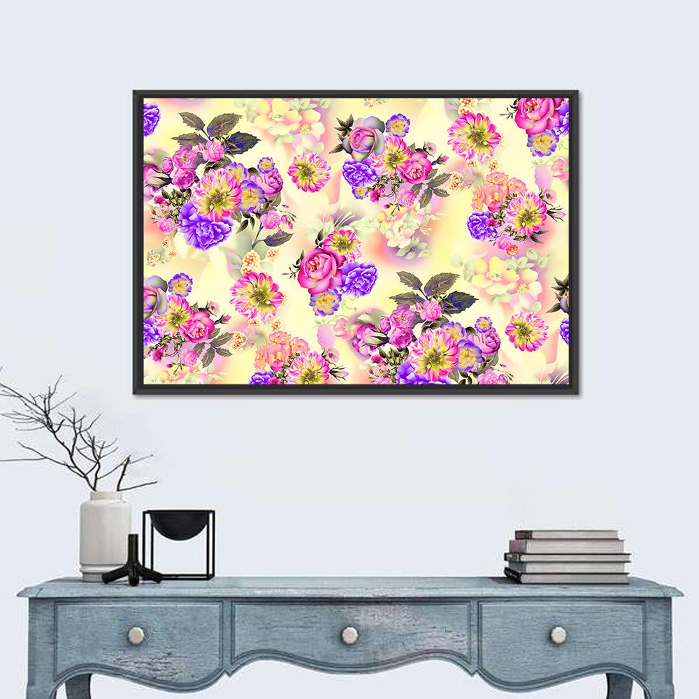 Summer Roses and Iris Pattern Wall Art in a room, landscape