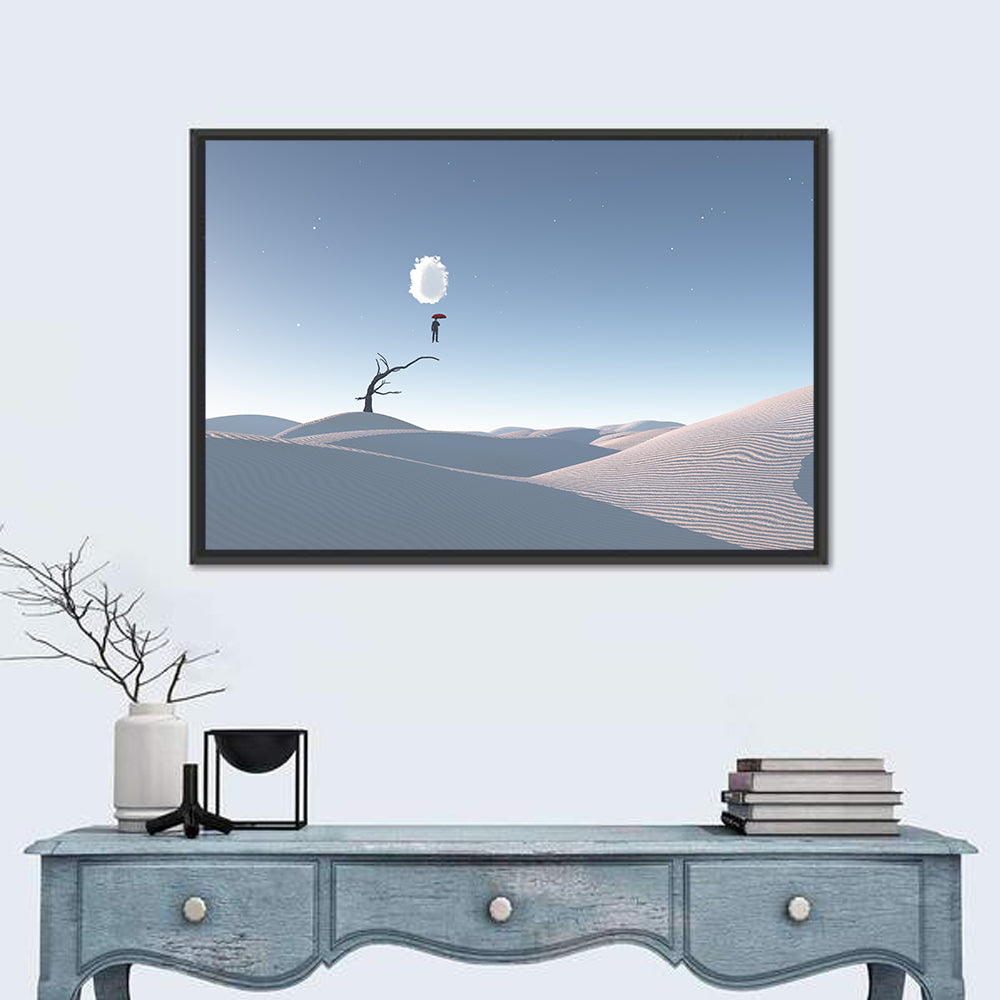 Surreal Desert with Red Umbrella Wall Art in a room, landscape