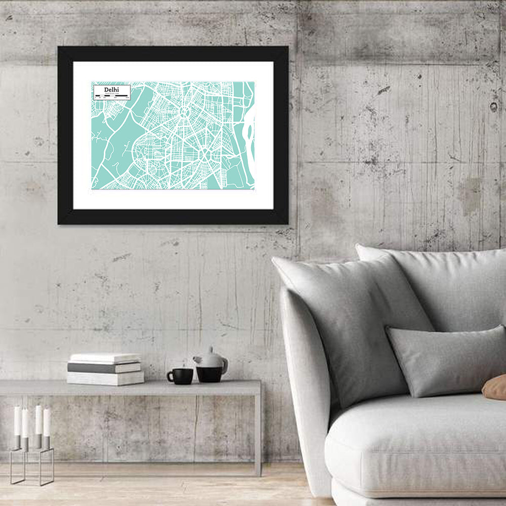 Delhi City Map Wall Art in a room, landscape
