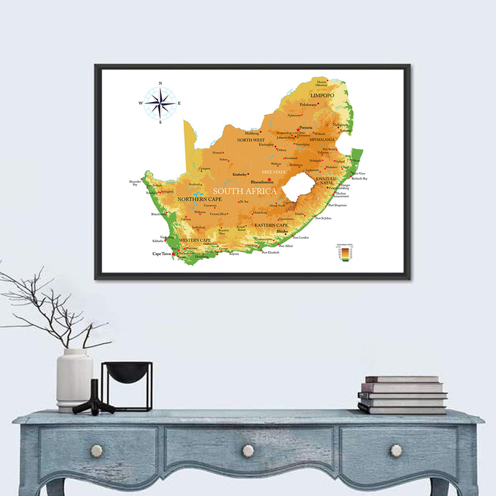 South Africa Physical Map Wall Art in a room, landscape