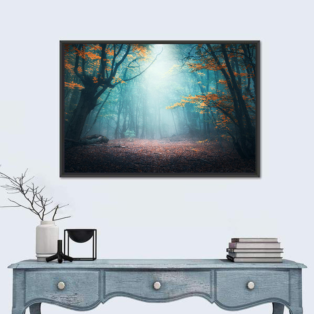 Misty Forest Path with Glowing Light Wall Art in a room, landscape