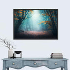Misty Forest Path with Glowing Light Wall Art