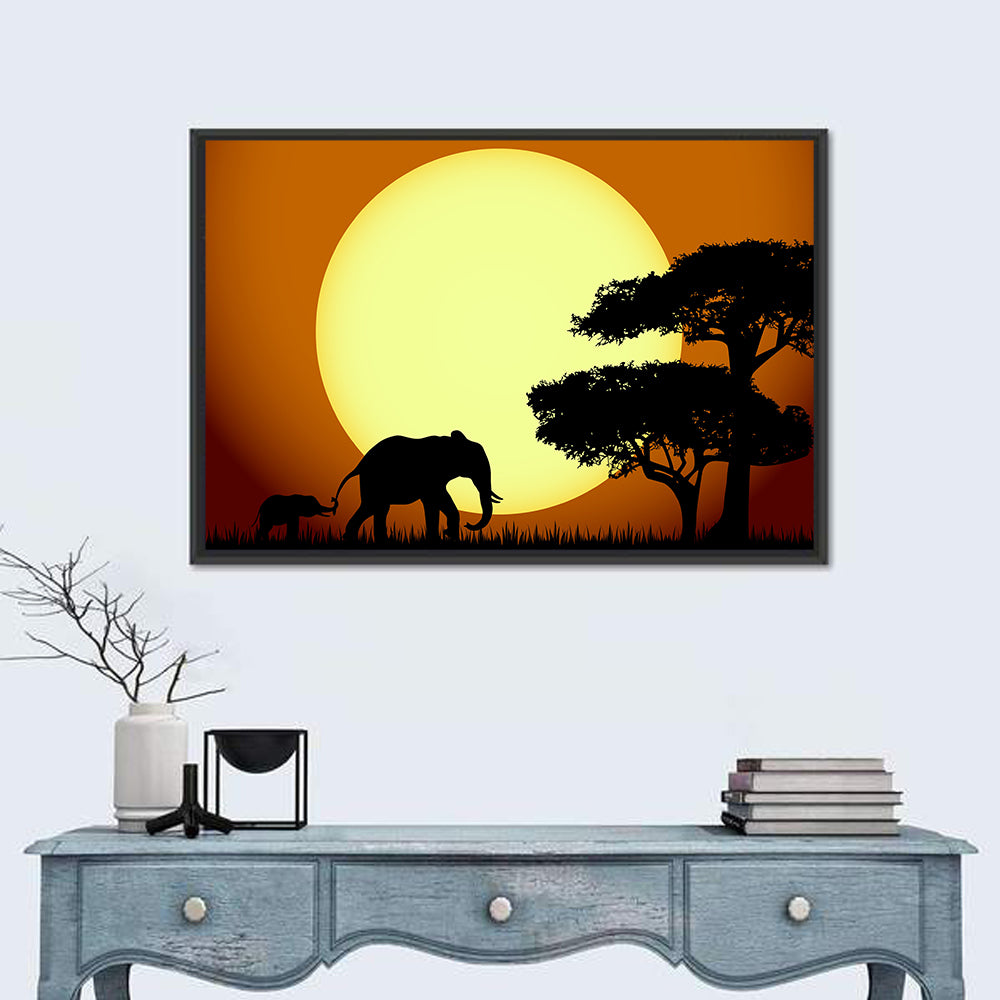 Savanna Sunset Elephants Wall Art in a room, landscape