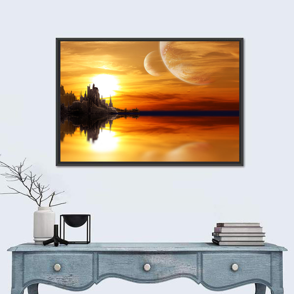 Twin Moons Over Alien Castle Wall Art in a room, landscape