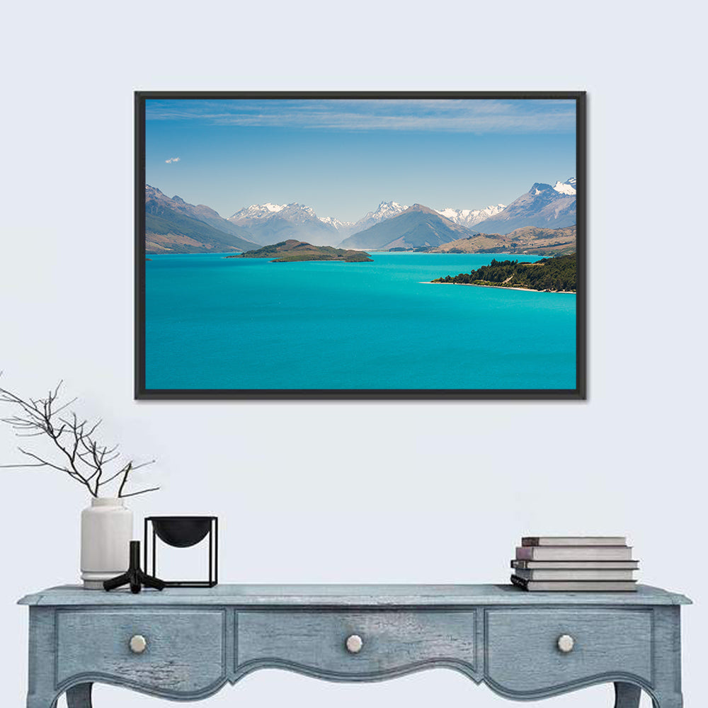 Wakatiup Lake Turquoise Waters New Zealand Wall Art in a room, landscape