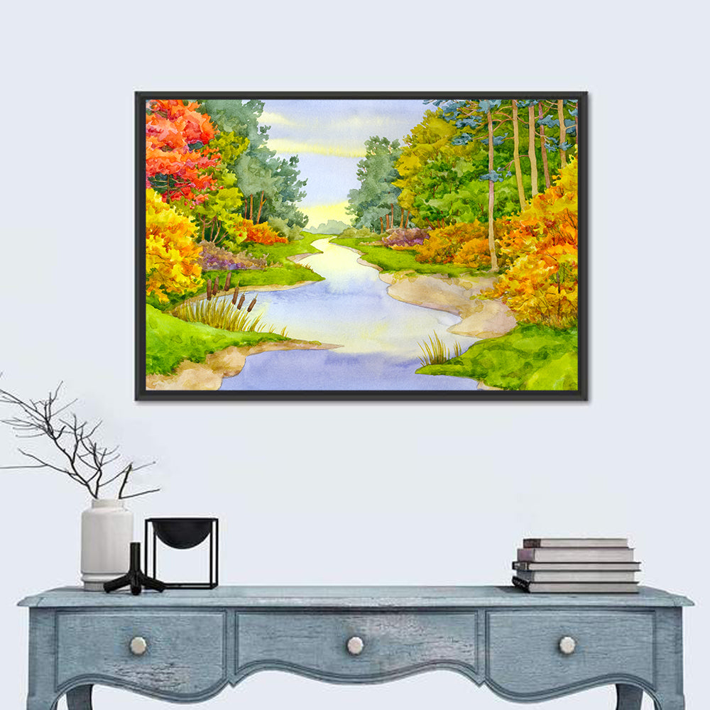 Autumn Forest Creek Wall Art in a room, landscape