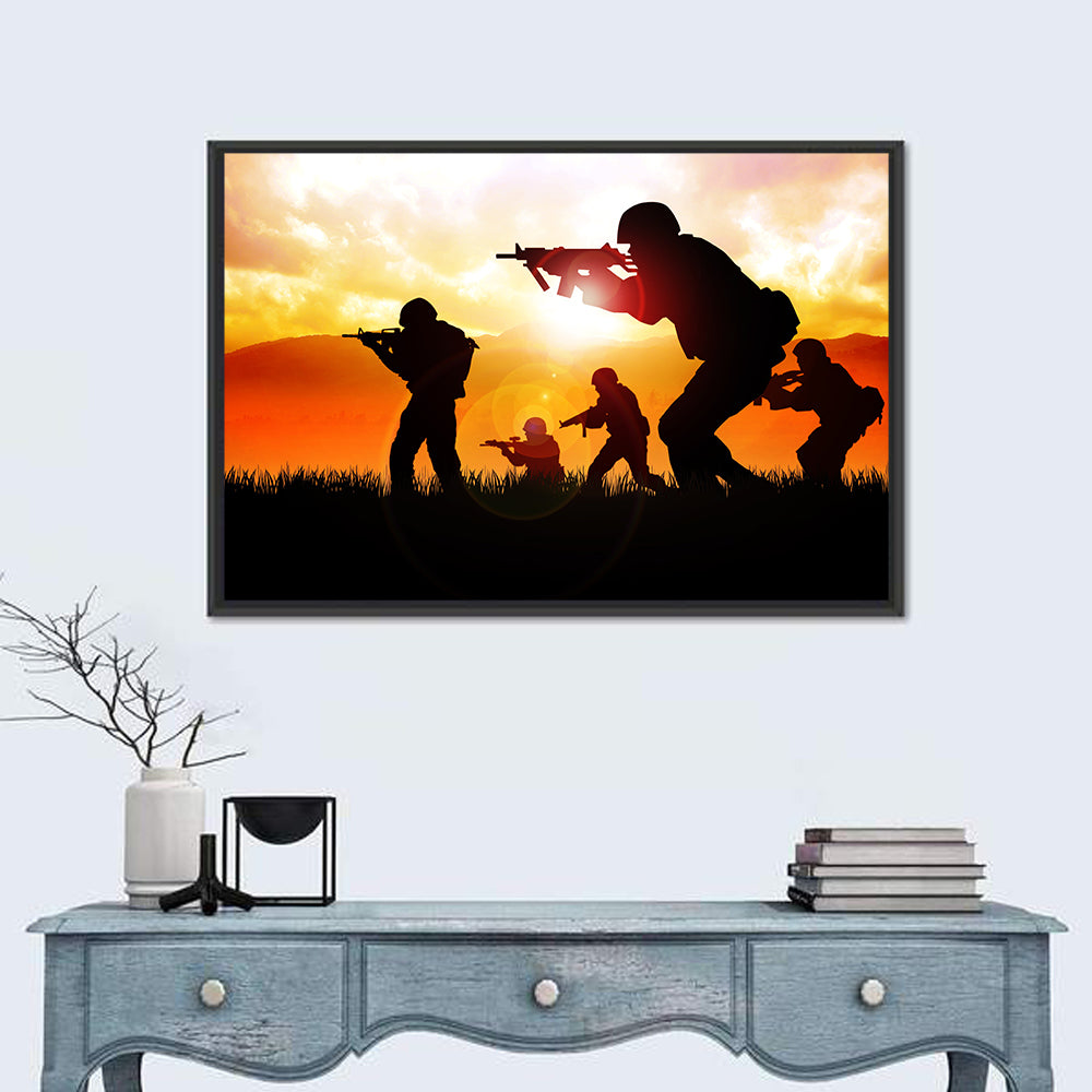Soldiers Silhouette at Sunrise Wall Art in a room, landscape