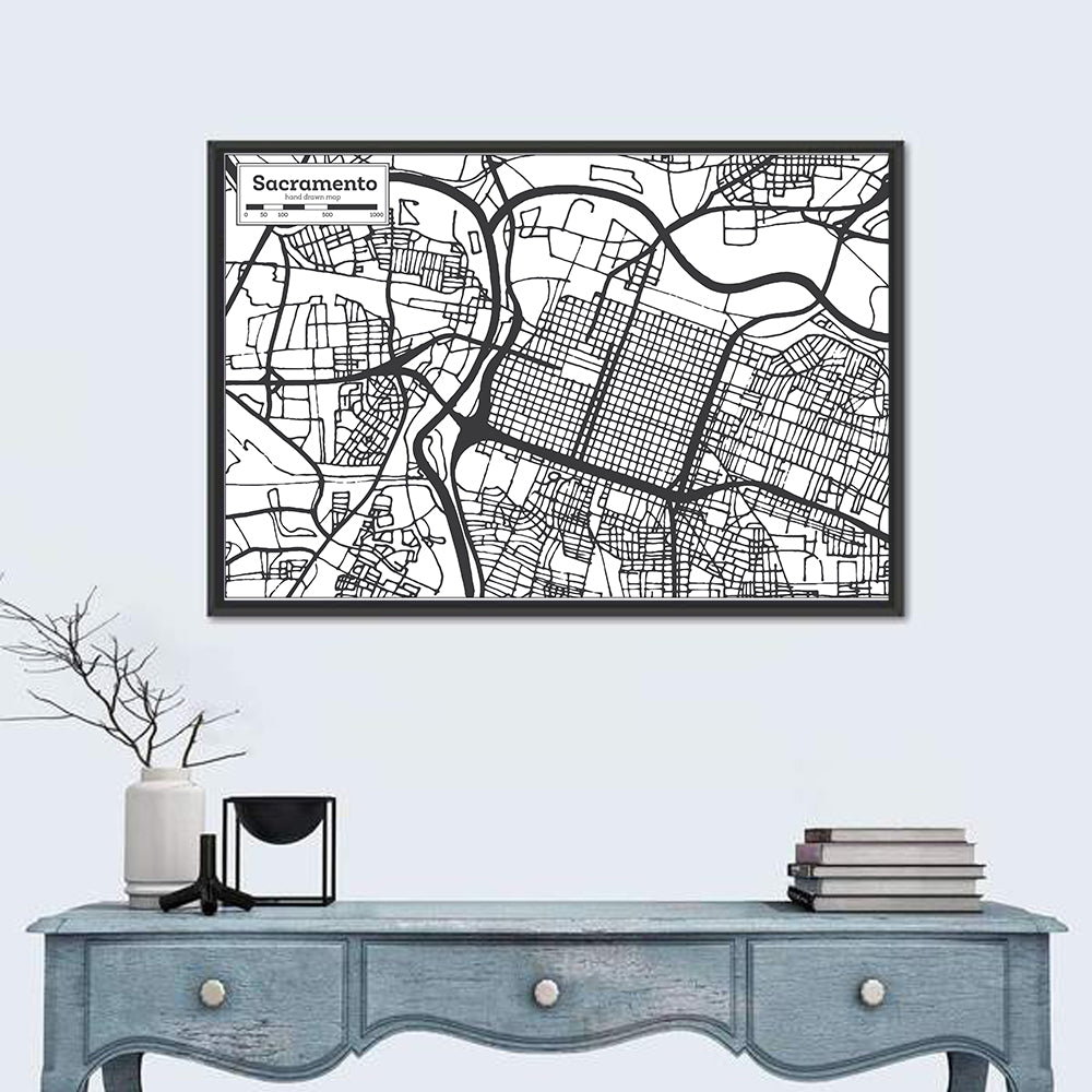 Sacramento Street Grid Map Wall Art in a room, landscape