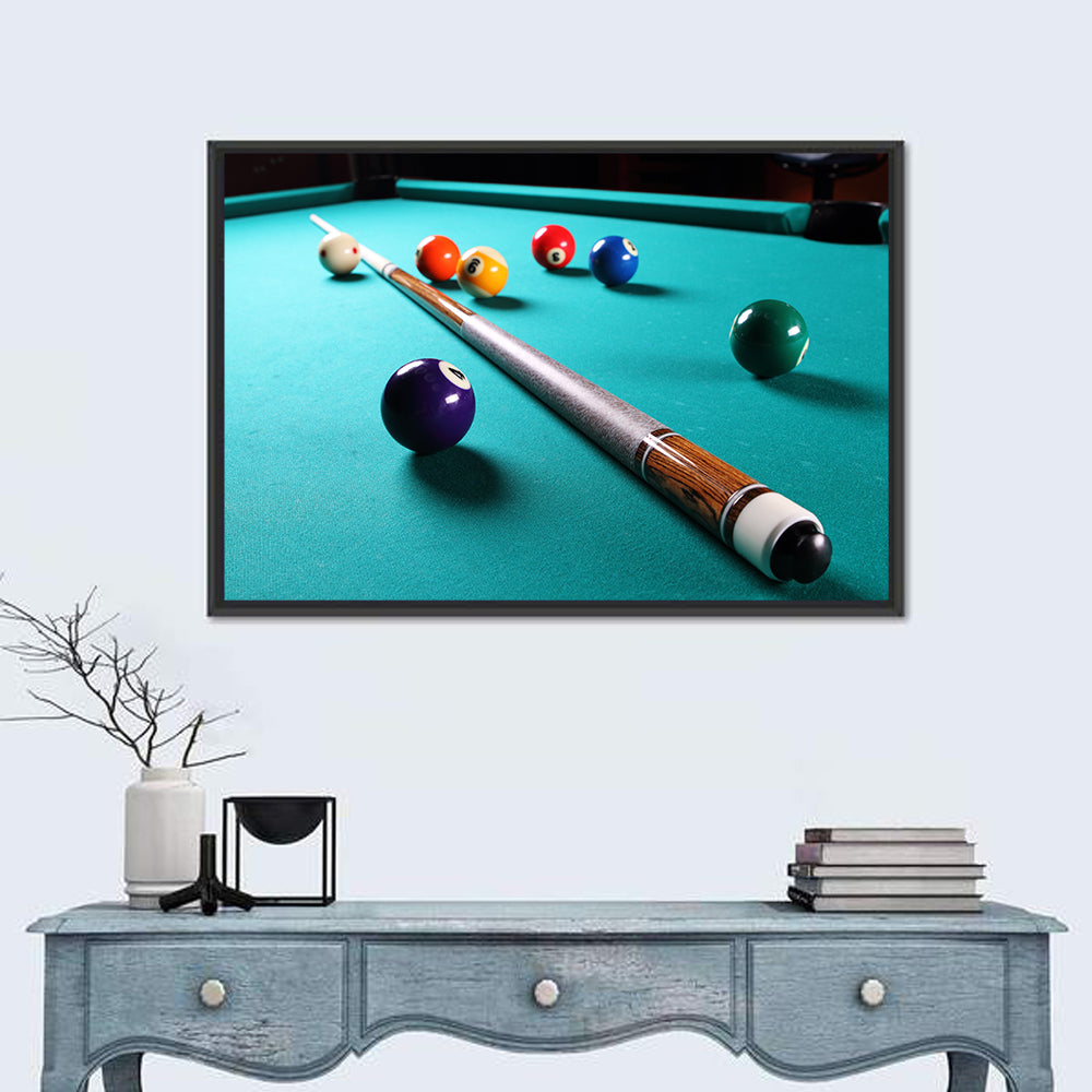 Billiard Cue on Green Felt Wall Art in a room, landscape