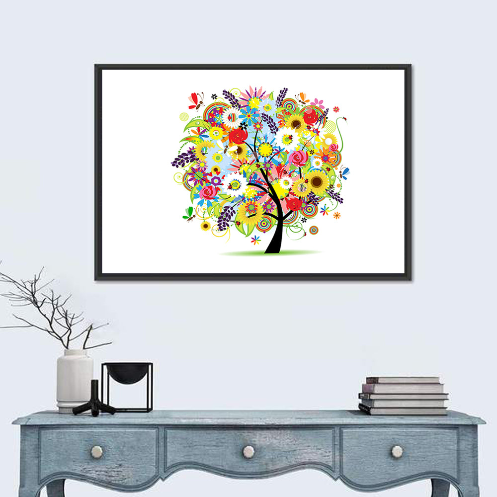 Colorful Floral Tree with Butterflies Wall Art in a room, landscape