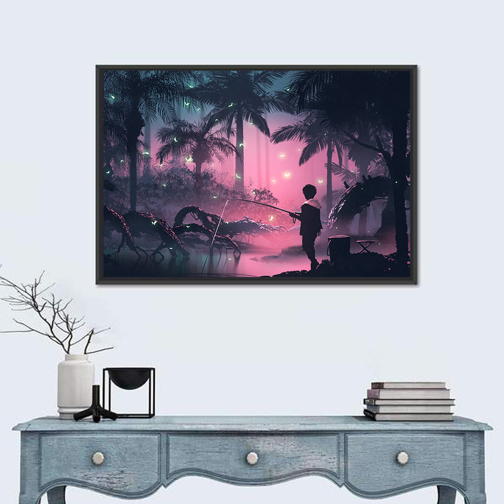 Night Swamp Fishing Wall Art in a room, landscape
