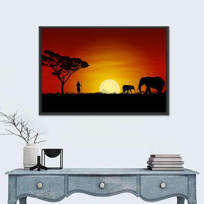 Massai Warrior and Elephants at Sunset Wall Art