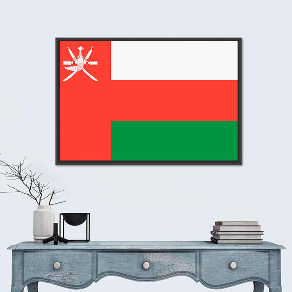 Oman Flag with Khanjar Emblem Wall Art in a room, landscape