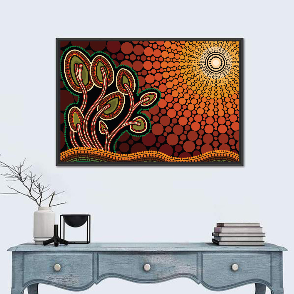Pointillist Tree on Sunset Hill Wall Art in a room, landscape