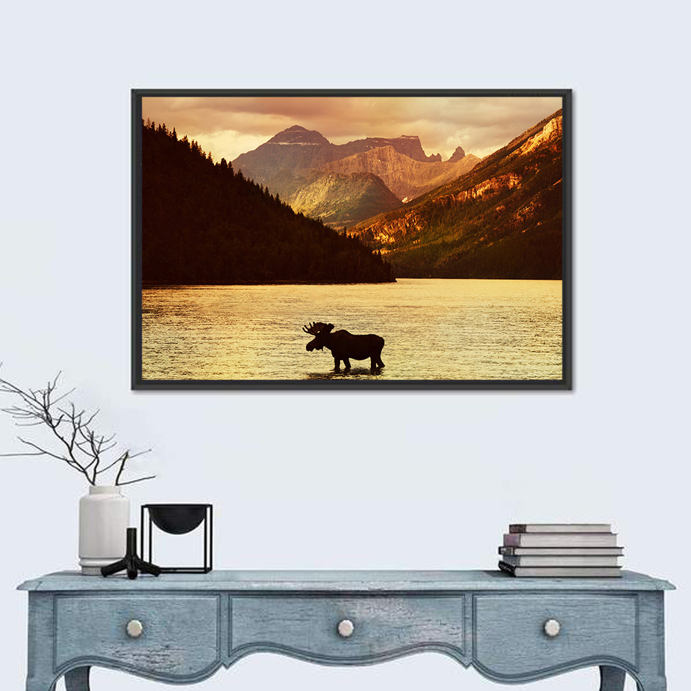 Waterton Lakes Moose at Golden Dusk Wall Art in a room, landscape