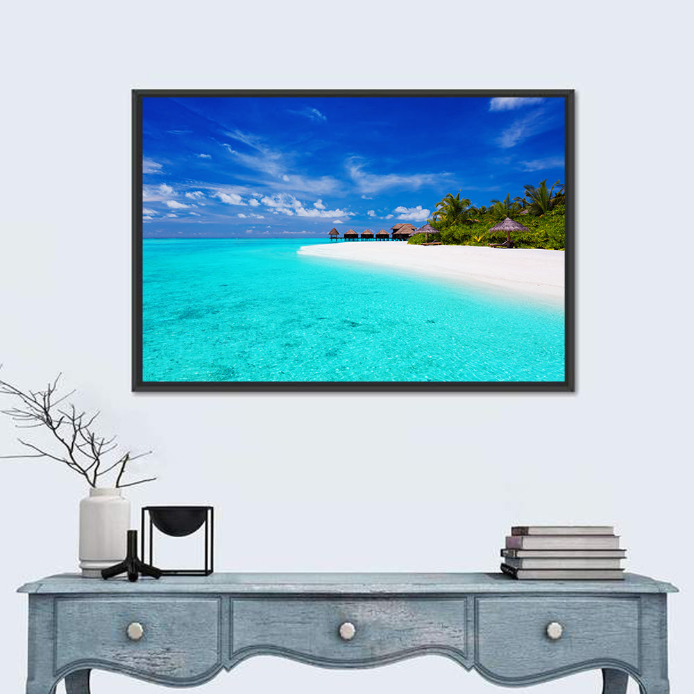 Turquoise Island with Water Bungalows Wall Art in a room, landscape